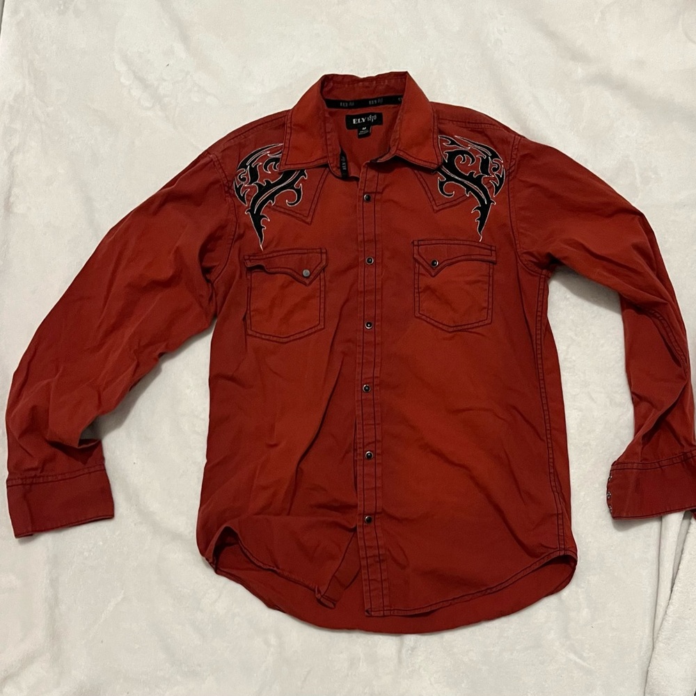 Ely Cattleman Red Button Down Shirt with Black Embroidery